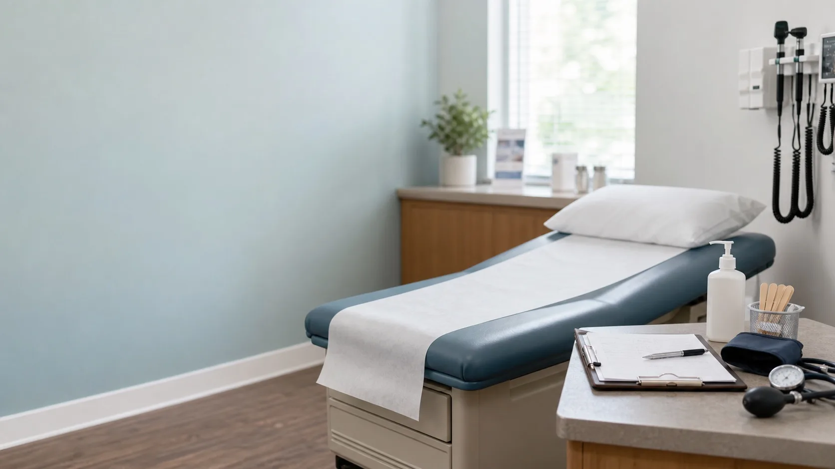 Prepared clinic exam room for occupational health visits
