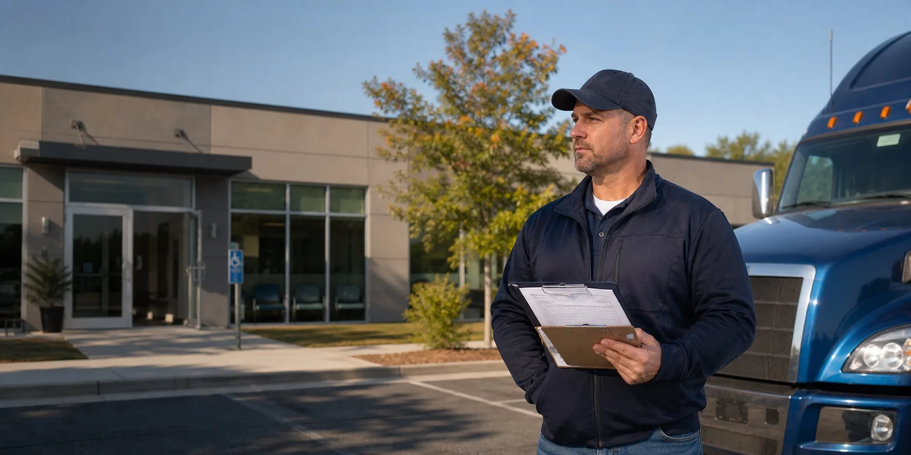 Commercial driver with DOT paperwork outside an occupational health clinic